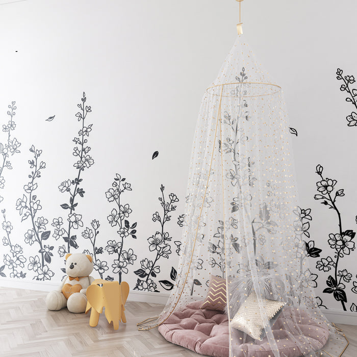 Papel pintado infantil | Flores delicadas en blanco y negro para un ambiente suave