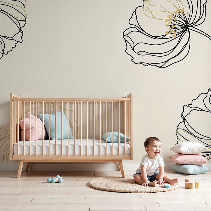 Papier peint chambre bébé | Fleurs délicates en noir et or
