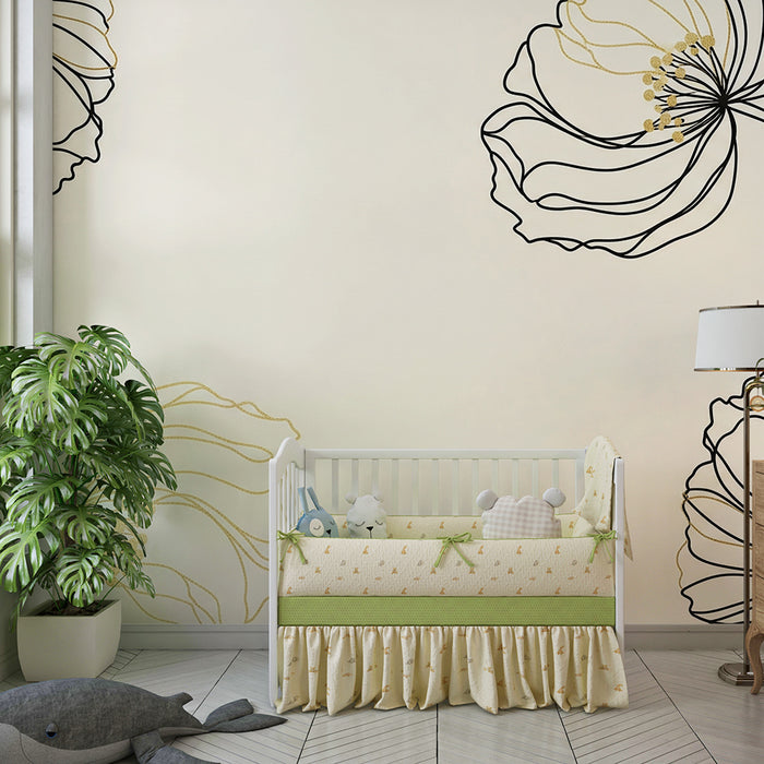 Papier peint chambre bébé | Fleurs délicates en noir et or