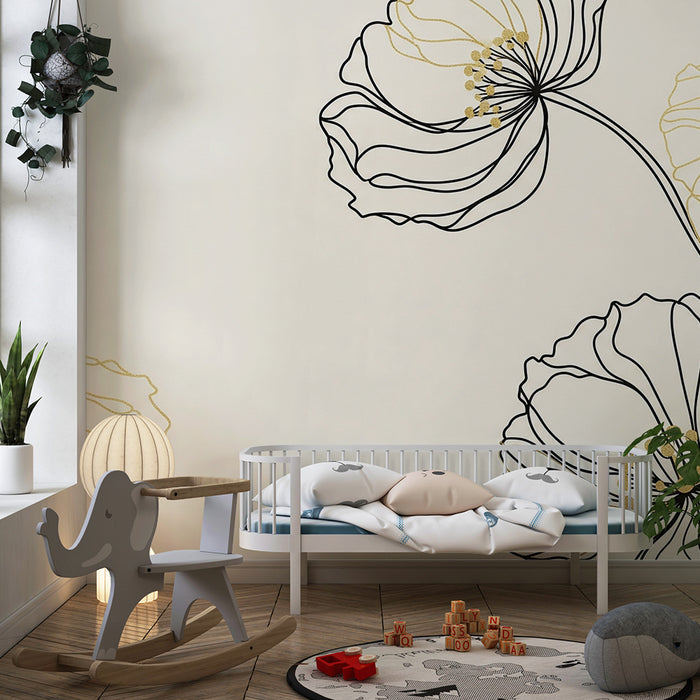 Papier peint chambre bébé | Fleurs délicates en noir et or