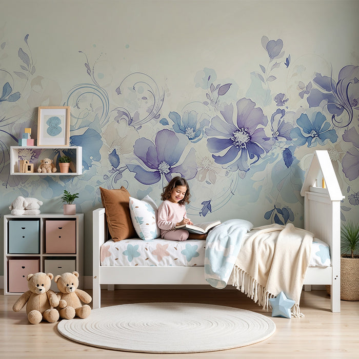 Lastenhuoneen tapetti | Herkät kukat sinisen ja violetin sävyissä