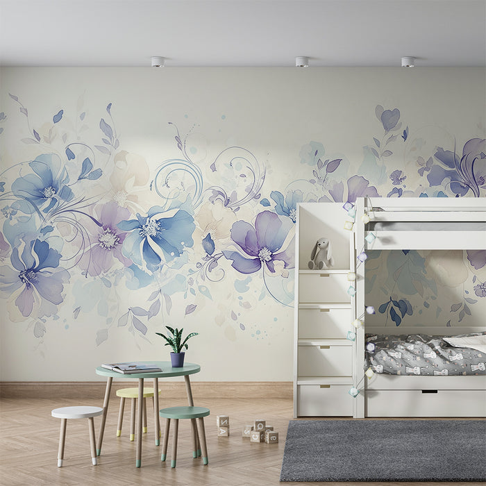 Lastenhuoneen tapetti | Herkät kukat sinisen ja violetin sävyissä