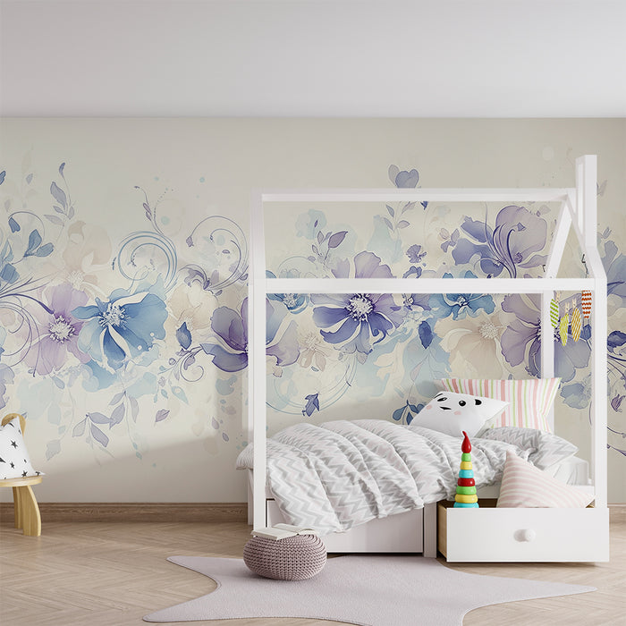 Lastenhuoneen tapetti | Herkät kukat sinisen ja violetin sävyissä