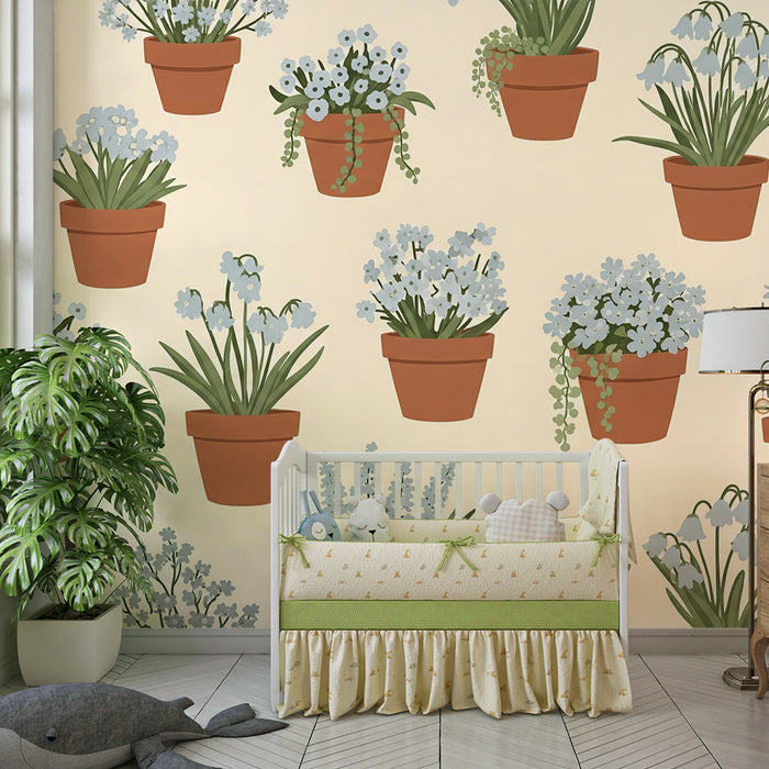 Tapet pentru camera copilului | Flori delicate în ghivece pe fundal delicat