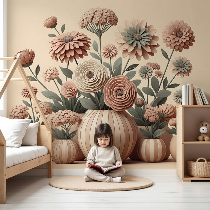 Papier peint chambre bébé | Fleurs délicates en relief dans des tons doux