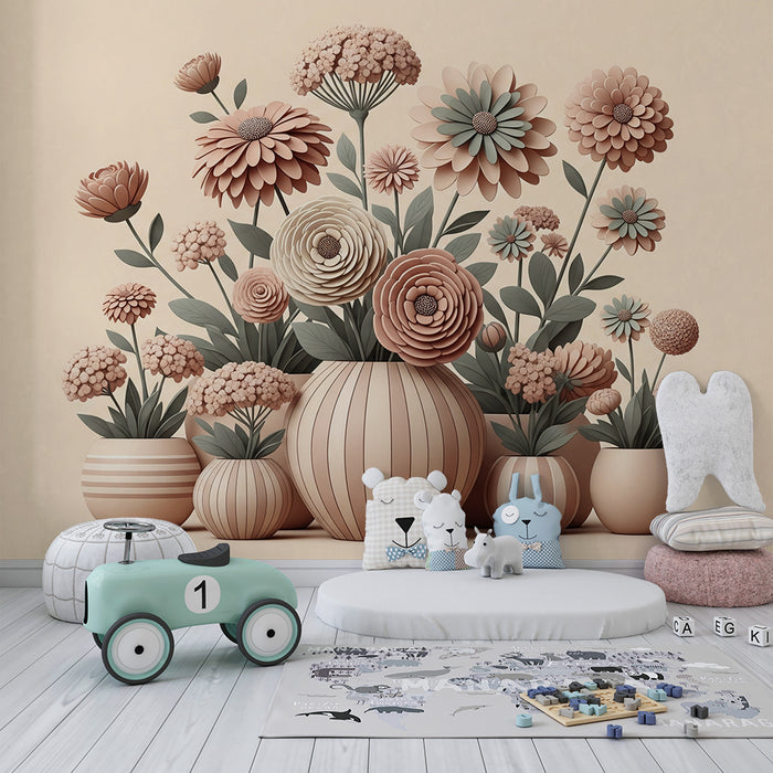Papier peint chambre bébé | Fleurs délicates en relief dans des tons doux