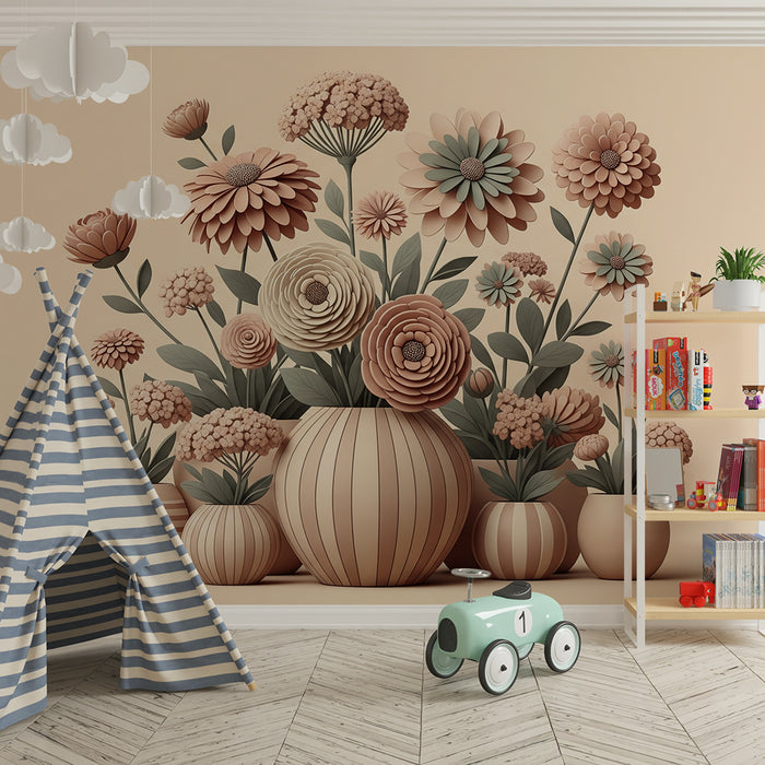 Papier peint chambre bébé | Fleurs délicates en relief dans des tons doux