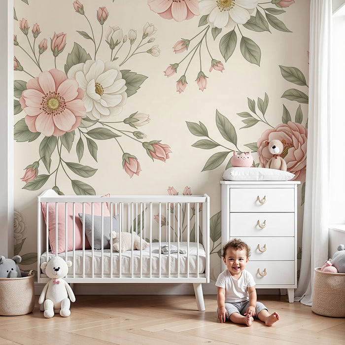 Papier peint chambre bébé | Fleurs délicates en rose et blanc sur fond doux