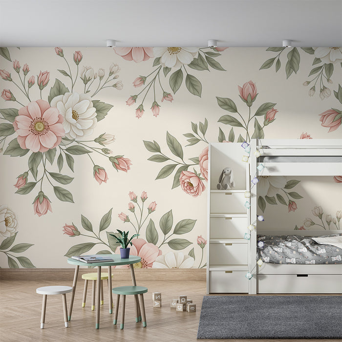 Papier peint chambre bébé | Fleurs délicates en rose et blanc sur fond doux