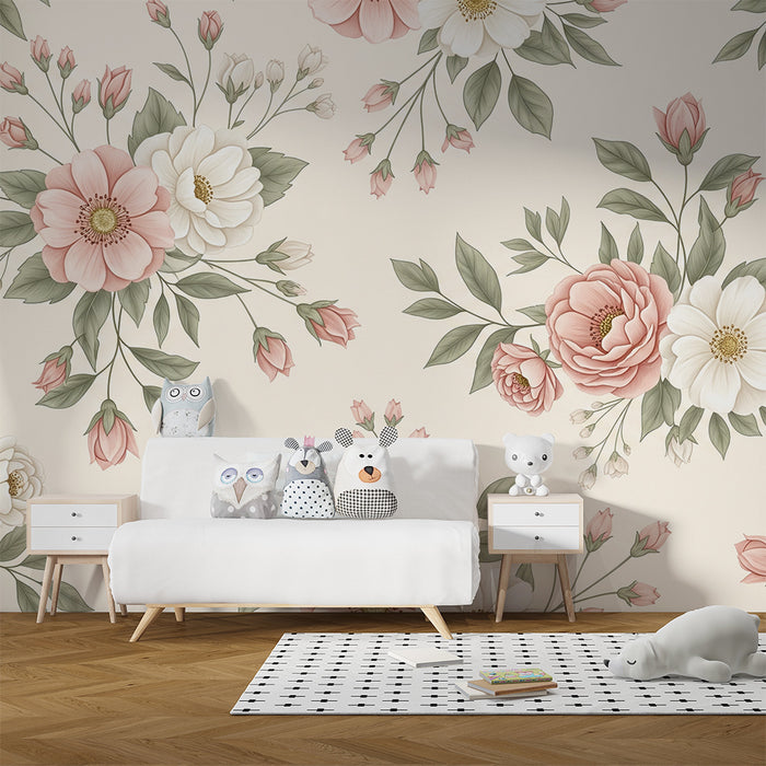Papier peint chambre bébé | Fleurs délicates en rose et blanc sur fond doux