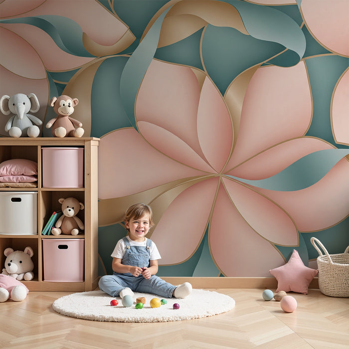 Carta da parati per cameretta | Fiori delicati in rosa e blu con tocchi dorati