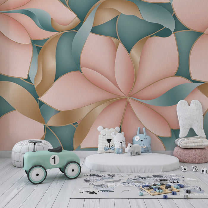 Carta da parati per cameretta | Fiori delicati in rosa e blu con tocchi dorati