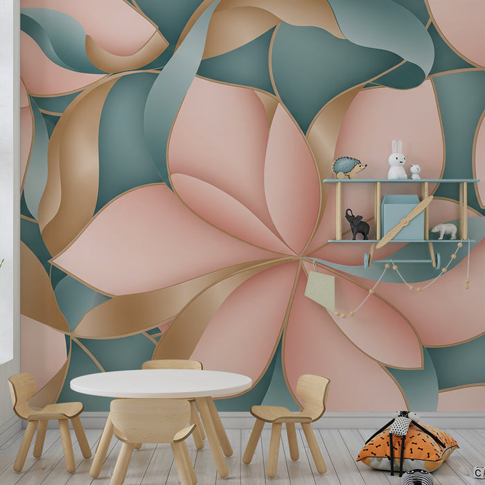 Carta da parati per cameretta | Fiori delicati in rosa e blu con tocchi dorati