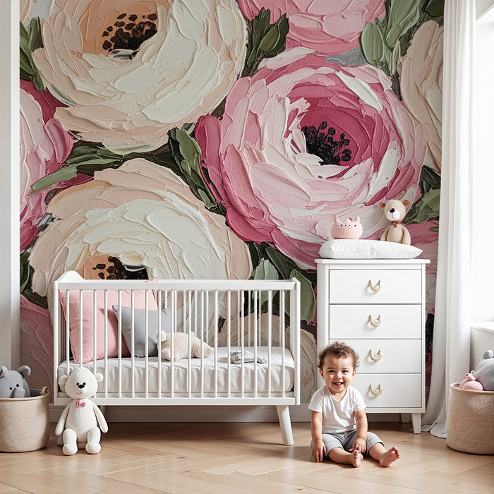 Papel de parede quarto bebê | Flores delicadas em rosa e creme para um ambiente suave