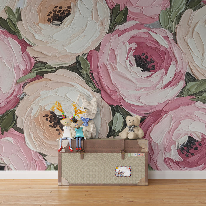 Papel de parede quarto bebê | Flores delicadas em rosa e creme para um ambiente suave