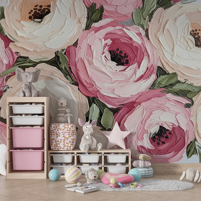 Papel de parede quarto bebê | Flores delicadas em rosa e creme para um ambiente suave