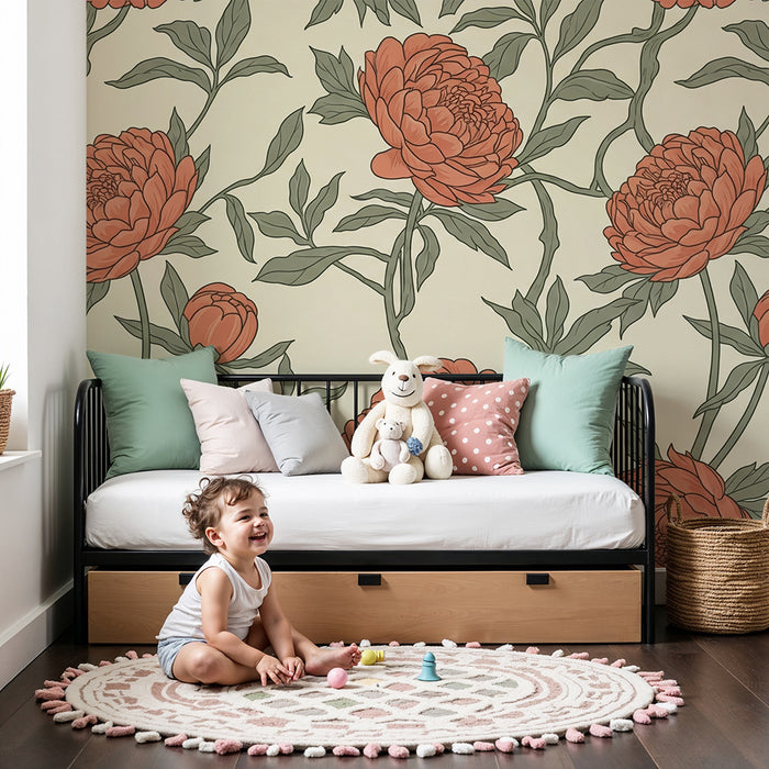 Babykamerbehang | Delicate bloemen in zachte tinten op crèmekleurige achtergrond