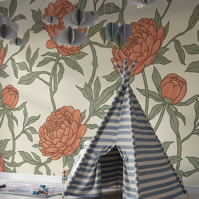 Babykamerbehang | Delicate bloemen in zachte tinten op crèmekleurige achtergrond