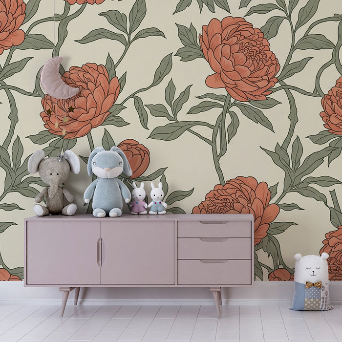 Babykamerbehang | Delicate bloemen in zachte tinten op crèmekleurige achtergrond