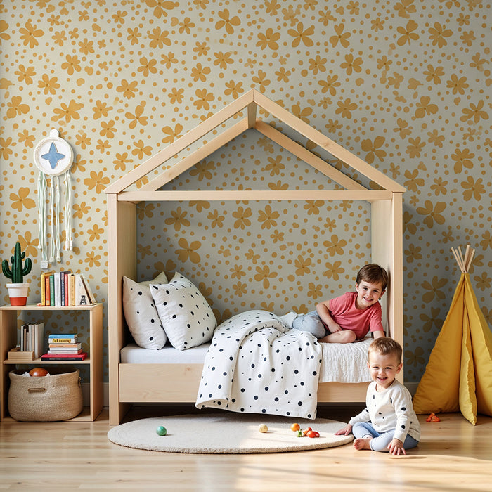 Papier peint chambre bébé | Fleurs délicates en tons jaunes sur fond crème