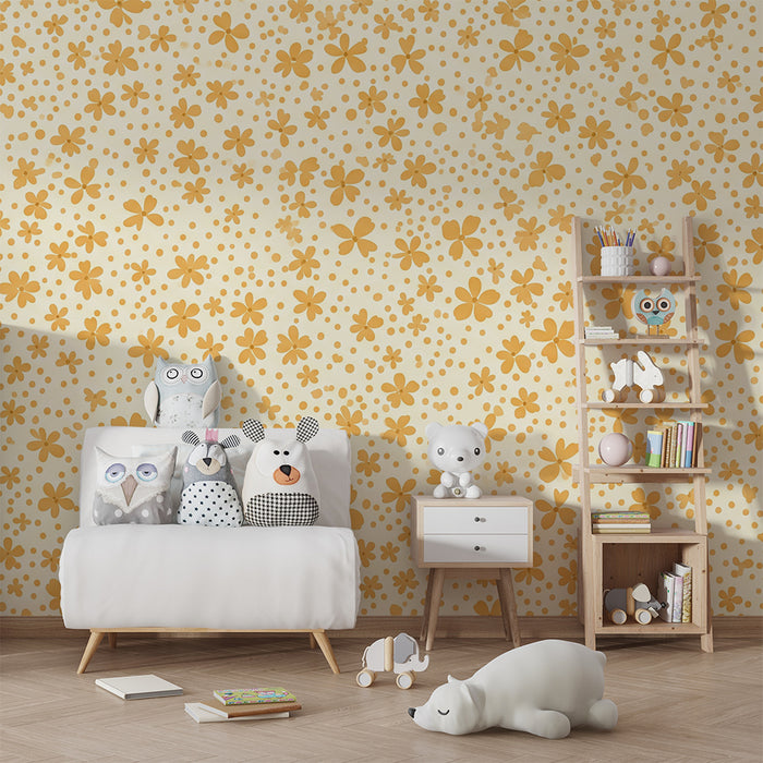 Papier peint chambre bébé | Fleurs délicates en tons jaunes sur fond crème