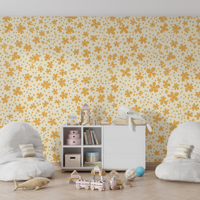 Papier peint chambre bébé | Fleurs délicates en tons jaunes sur fond crème