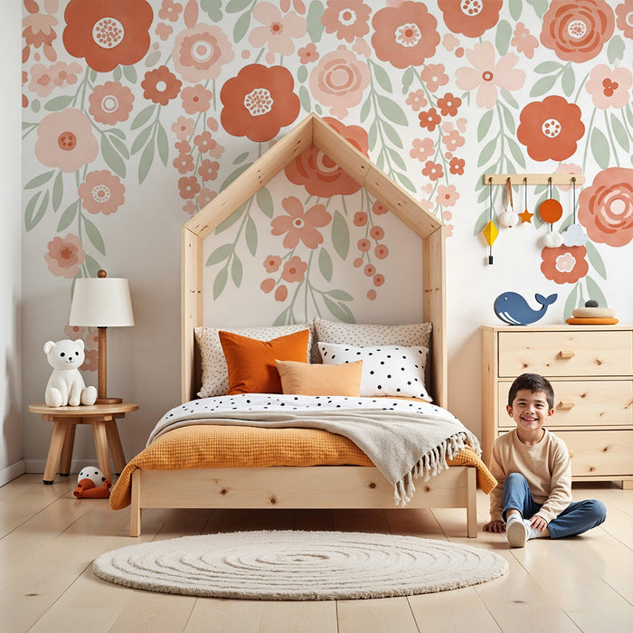 Babyzimmer Tapete | Zarte Blumen in Pastelltönen mit sanften Blättern