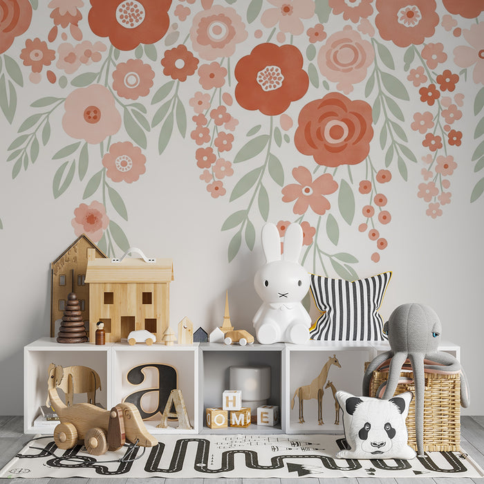 Babyzimmer Tapete | Zarte Blumen in Pastelltönen mit sanften Blättern