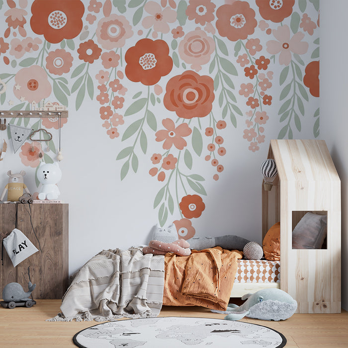 Babyzimmer Tapete | Zarte Blumen in Pastelltönen mit sanften Blättern