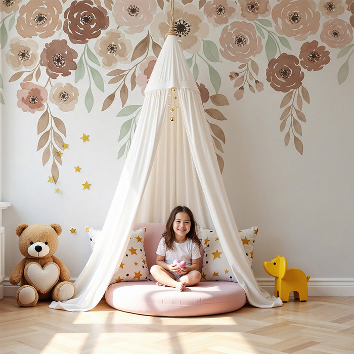 Papel de parede quarto bebê | Flores delicadas em tons pastel sobre fundo branco