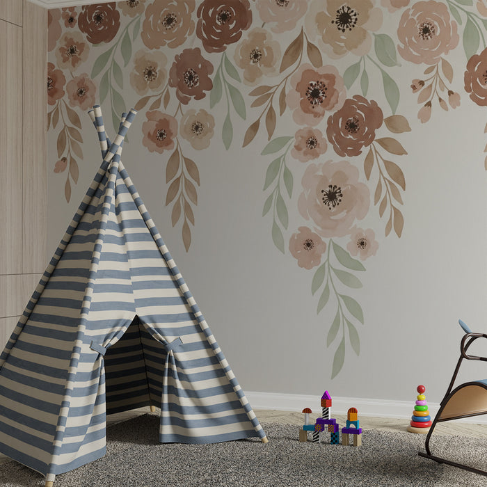 Papel de parede quarto bebê | Flores delicadas em tons pastel sobre fundo branco