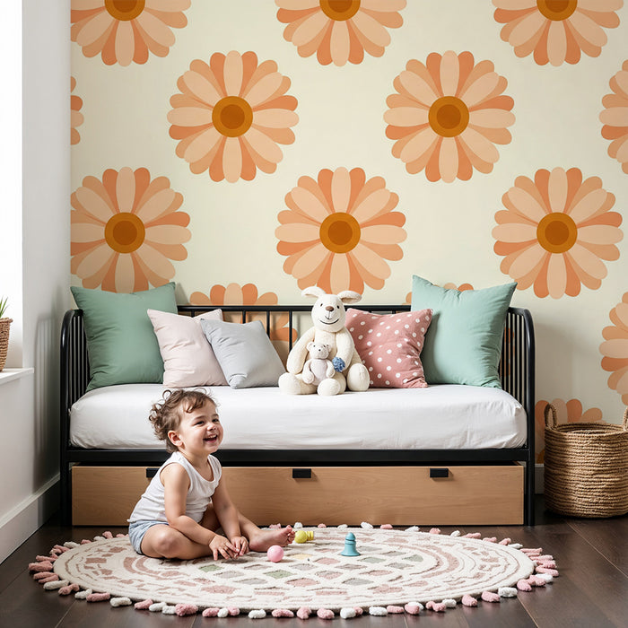 Papier peint chambre bébé | Fleurs délicates en tons pêche sur fond crème