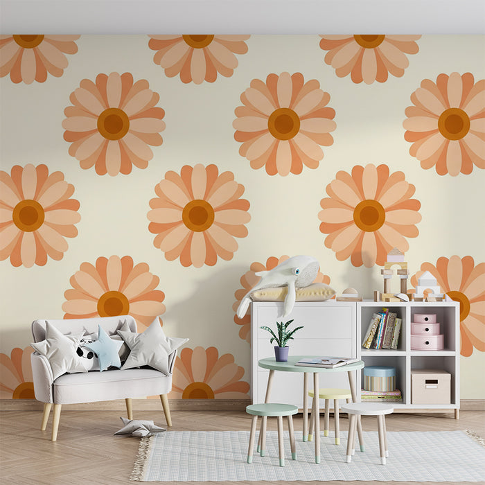 Papier peint chambre bébé | Fleurs délicates en tons pêche sur fond crème
