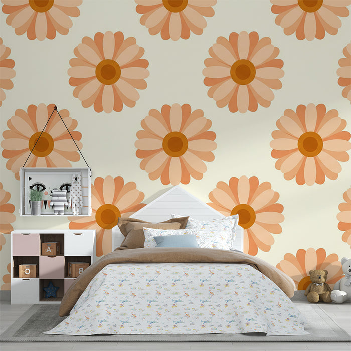 Papier peint chambre bébé | Fleurs délicates en tons pêche sur fond crème