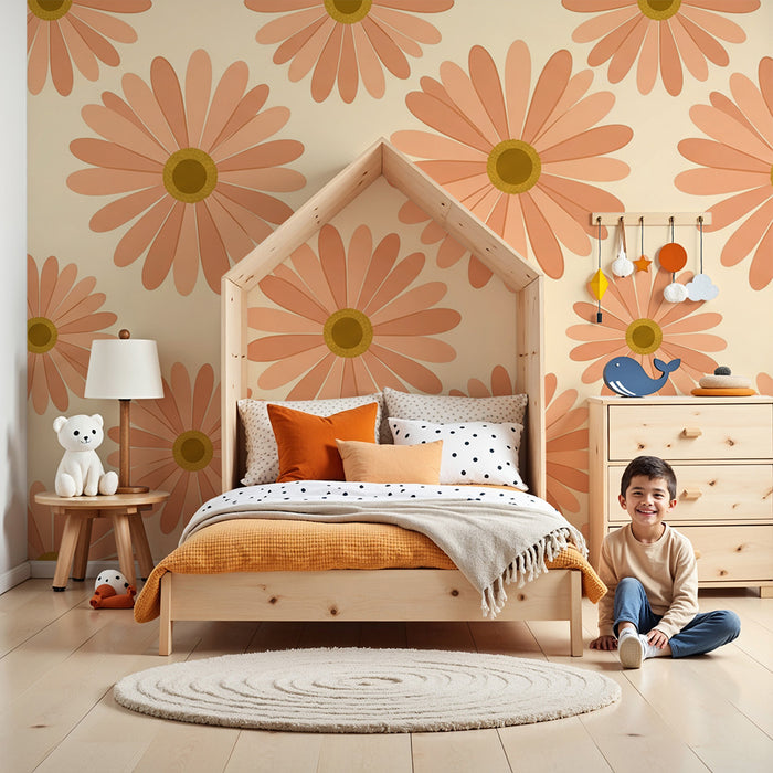 Papier peint chambre bébé | Fleurs délicates en tons pêche sur fond doux