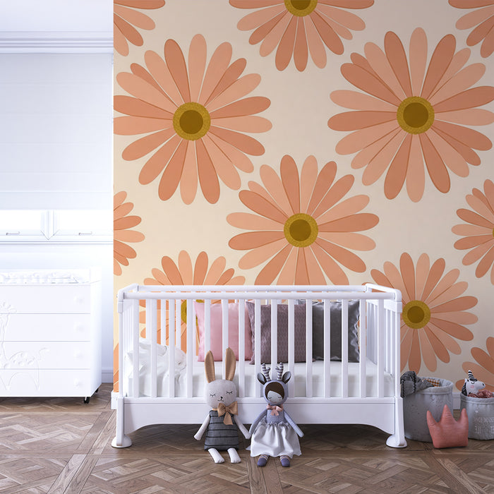 Papier peint chambre bébé | Fleurs délicates en tons pêche sur fond doux