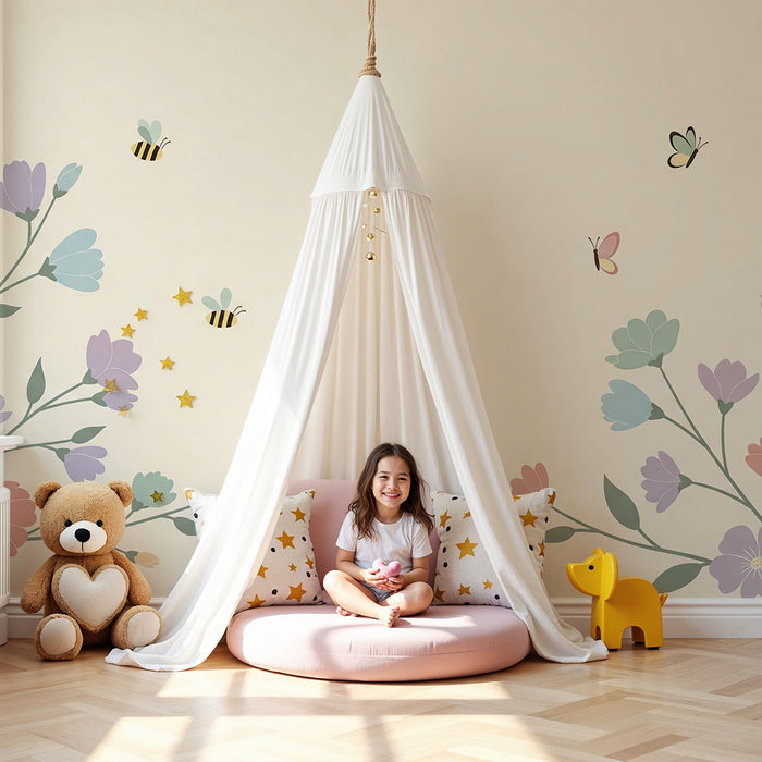 Papier de parede pre detskú izbu | Jemné kvety a včielky v upokojujúcom pastelovom dizajne