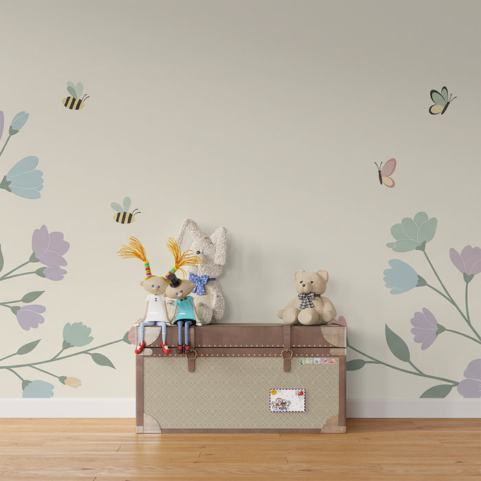 Papier de parede pre detskú izbu | Jemné kvety a včielky v upokojujúcom pastelovom dizajne