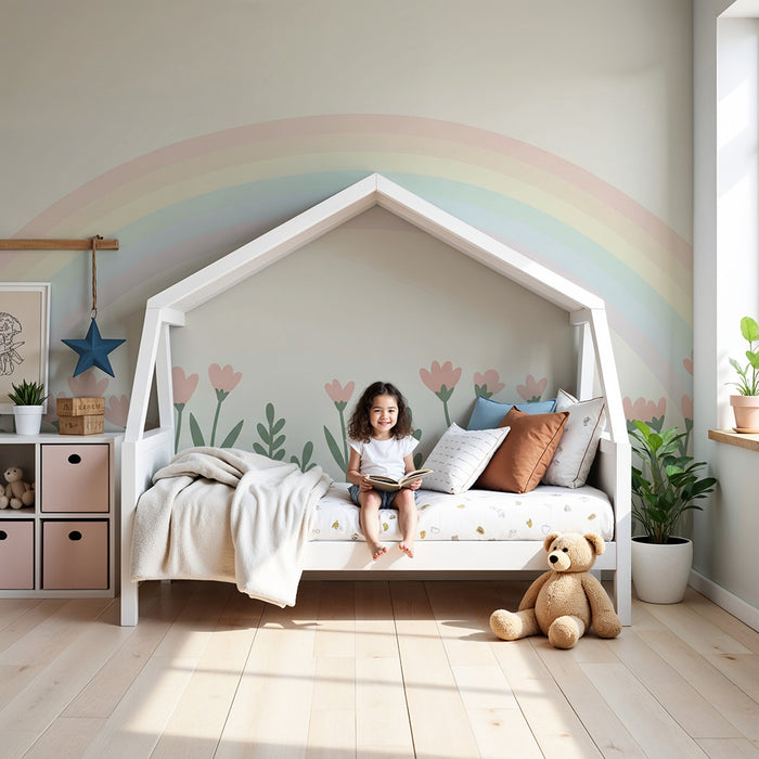 Papel de parede quarto bebê | Flores delicadas e arco-íris pastel