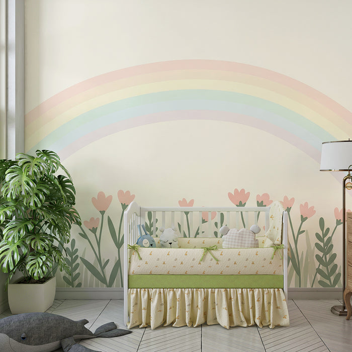 Papel de parede quarto bebê | Flores delicadas e arco-íris pastel