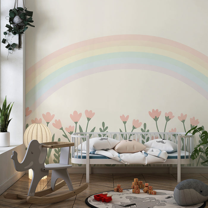 Papel de parede quarto bebê | Flores delicadas e arco-íris pastel
