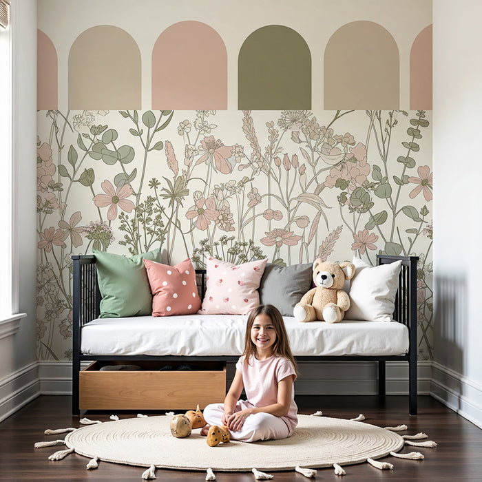 Baby room wallpaper | Delicate flowers and pastel arches for a soft atmosphere