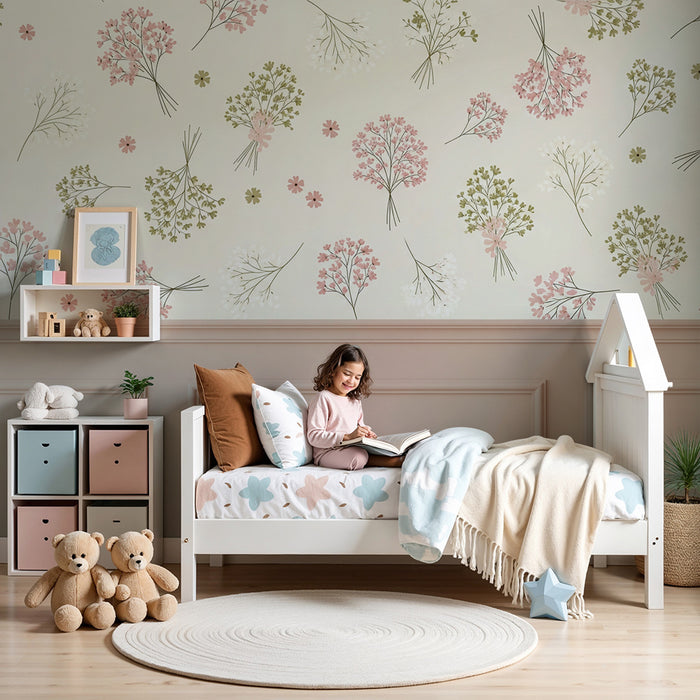 Papier peint chambre bébé | Fleurs délicates et bouquets pastel sur fond doux