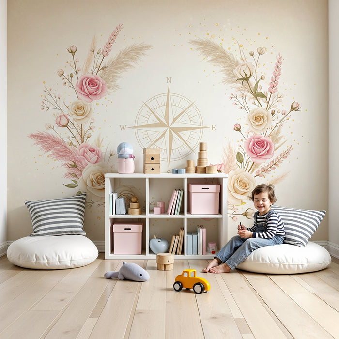 Lastenhuoneen tapetti | Herkät kukat ja kompassi pehmeissä sävyissä