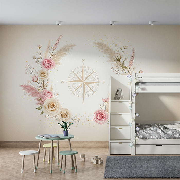 Lastenhuoneen tapetti | Herkät kukat ja kompassi pehmeissä sävyissä