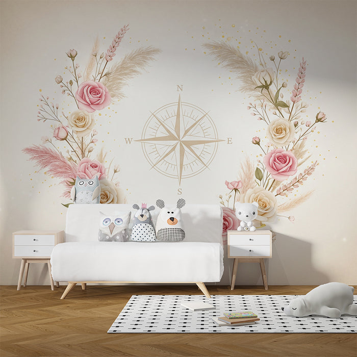 Lastenhuoneen tapetti | Herkät kukat ja kompassi pehmeissä sävyissä