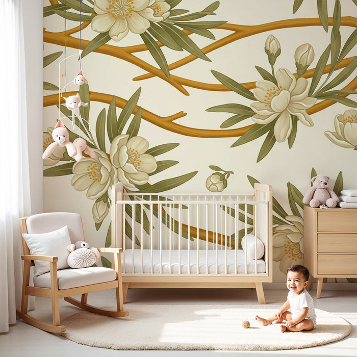 Papier peint chambre bébé | Fleurs délicates et branches naturelles sur fond doux