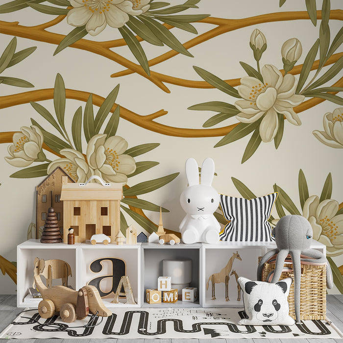Papier peint chambre bébé | Fleurs délicates et branches naturelles sur fond doux