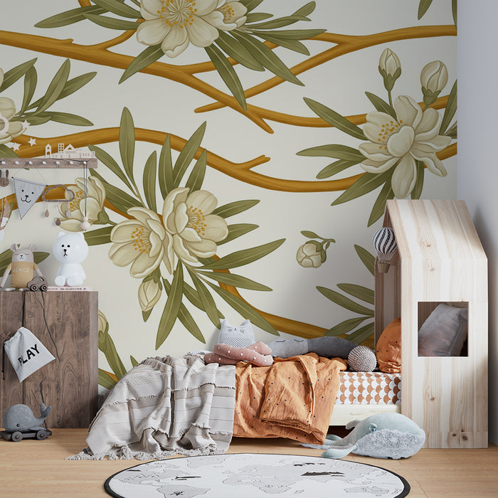 Papier peint chambre bébé | Fleurs délicates et branches naturelles sur fond doux