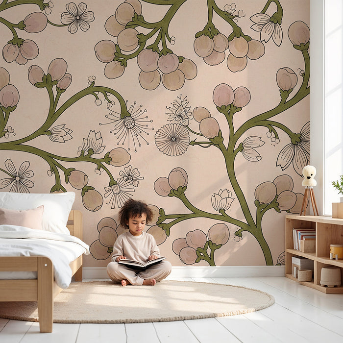 Babykamerbehang | Delicate bloemen en takken op een zachtroze achtergrond